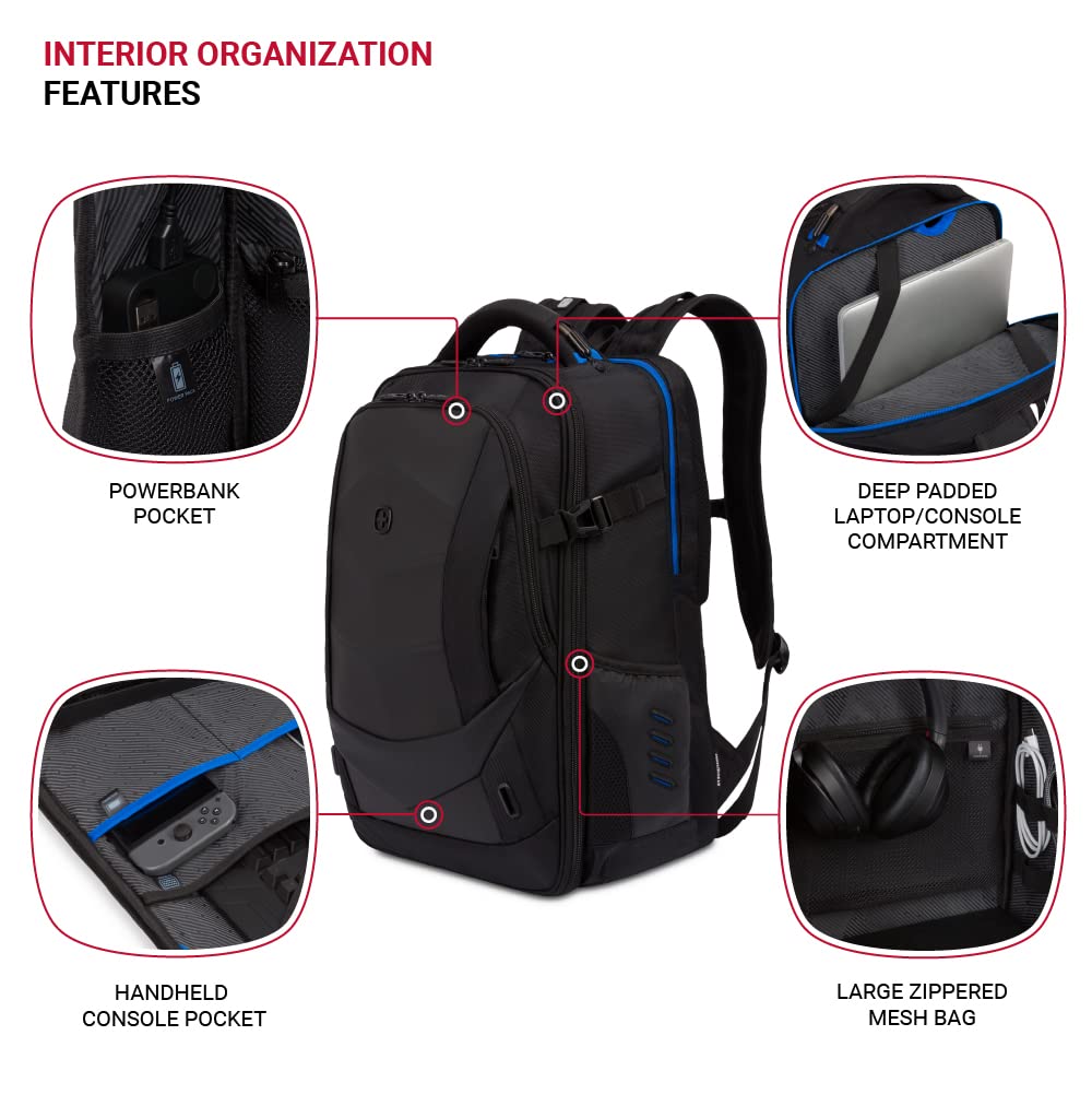 SwissGear Gaming Laptop Backpack with Charger Port (USB), Blue/Black - Image 4
