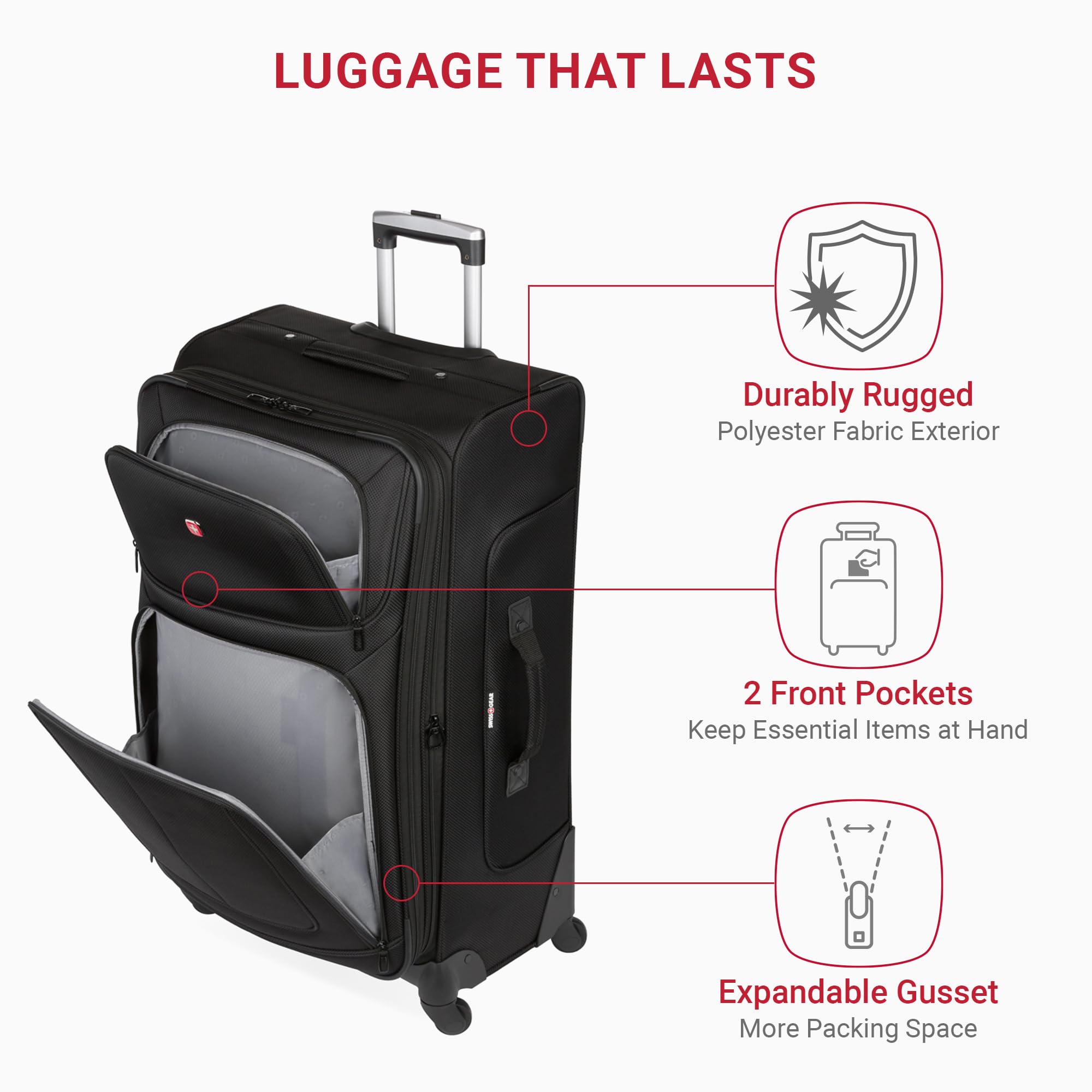 SWISSGEAR Sion Softside Expandable Spinner Luggage Durable Lightweight Travel Suitcase, Black, 3-Piece Set (21/25/29) - Image 4