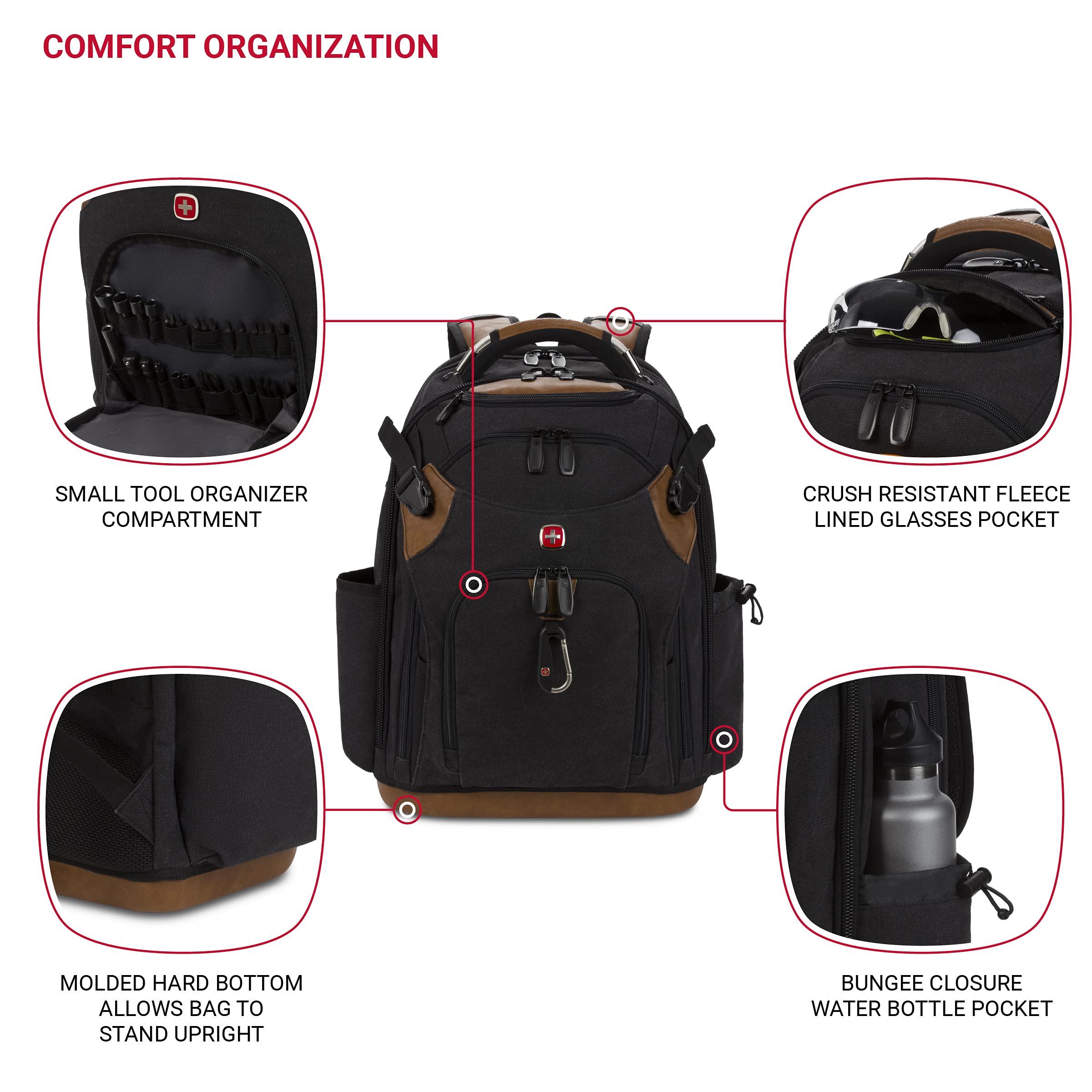 SwissGear Tool Bag Backpack, Fits Up to 17-Inch Laptop, Work Pack PRO, Black/Brown Canvas - Image 3