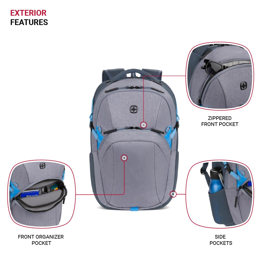 SwissGear UrbanPro Laptop Backpack, Laptop Bag Fits Most 16-Inch Laptops, Commuter Friendly Trolley Sleeve, Ideal for Work, Travel or School - Light Grey/Blue Heather (18.5-Inch) - Image 3